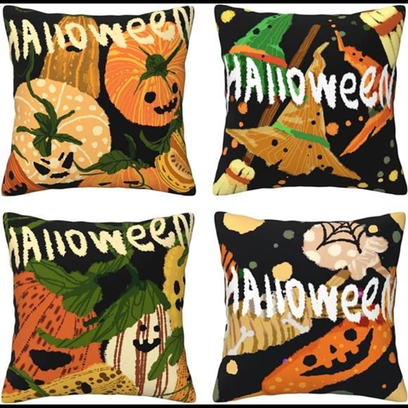 Only Covers Set of 4 Linen Halloween Throw Pillow Covers 18 x 18 Furniture Decor - Picture 1 of 7